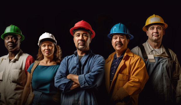 Group of construction industry professional, workers posing for camera, concept of diversity cultural and commercial imagery. 