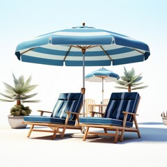 3D model blue sun loungers with umbrellas standing on top, render from blender in the style of isometric minimalism on white background.