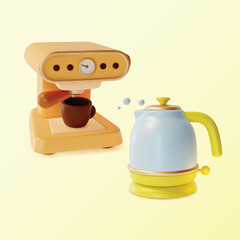 3d Kitchen Electric Appliance Concept Cartoon Style Include of Coffee Machine with Cup and Kettle Boiling Water. Vector illustration