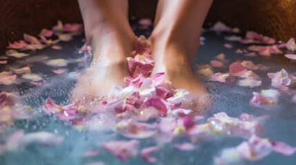 Women's feet in a bath of flowers. - obrazy, fototapety, plakaty
