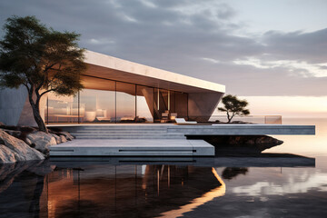 Villa building on the water. Exterior modern white stone lake house, minimalist architecture design