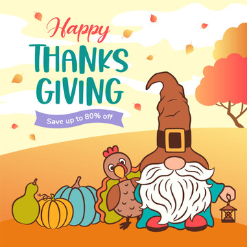 Happy thanksgiving card with cute gnome in pilgrim hat and cartoon turkey bird. Fall banner template. Autumn square flyer design. Yellow orange background with copy space. Fun vector illustration.