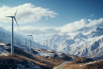 Harnessing clean energy with wind turbines nestled among the mountains. Emphasizing the significance of renewable, eco-friendly power sources.'generative AI'	