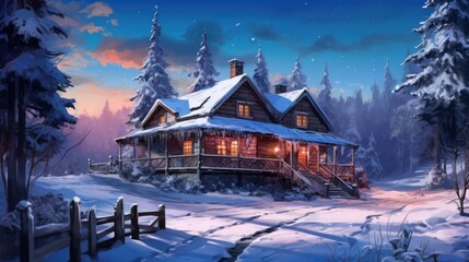 Obraz premium Winter landscape with a cottage on the bank of the river at sunset