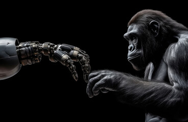 Robot artificial intelligence hand touching Gorilla on a dark background, Sci-Fi illustration, neuroscience, behavioral psychology.