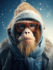 Portrait of proboscis monkey with scarf and glasses on snowy background, anthropomorphic concept.