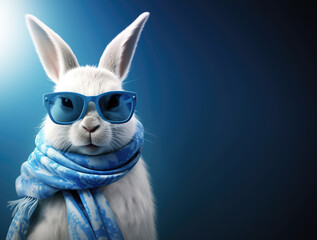 Rabbit with scarf and glasses on blue background, copy-space and anthropomorphic concept.