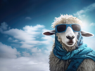 Fototapeta premium Sheep in sunglasses with scarf on a blue-sky background, concept of anthropomorphic.