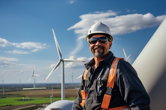 A technician or engineer maintaining a wind turbine, exemplifying the importance of renewable wind energy and sustainable power generation. 'generative AI'	
