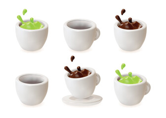 3d Different White Cup with Hot Coffee or Matcha Latte Splash. Vector illustration of Falling Ceramic Mug Empty