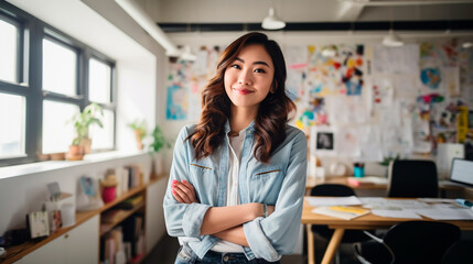 A cheerful Asian designer is confident in a modern office space, her face radiates happiness and satisfaction.