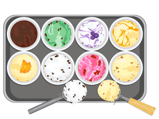 Top view of various delicious ice cream flavors in bowls and placed on a wooden tray near ice cream scoop on white background.