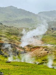 Mossy and wetland terrain of Reykjadalur Valley, Iceland. Valley is known for its mudpots, soda springs and geothermal activity.