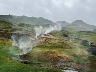 Mossy and wetland terrain of Reykjadalur Valley, Iceland. Valley is known for its mudpots, soda springs and geothermal activity.