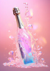 A bottle of champagne and two glasses. New year, celebration and party concept. Bright pastel colors of pink, purple and blue.