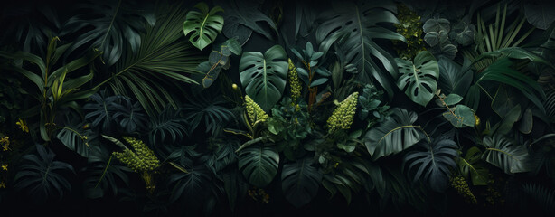 Fototapeta na wymiar Tropical green leaf in dark tone. Generative AI.