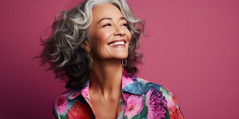 beauty lifestyle photo of an older latina in her 50s to 60s smiling in a floral suit against a studio backdrop with copy space for beauty brands - obrazy, fototapety, plakaty