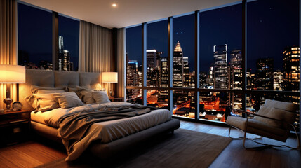 A room with a view of the city from the bed, penthouse bedroom at night. Generative Ai - obrazy, fototapety, plakaty