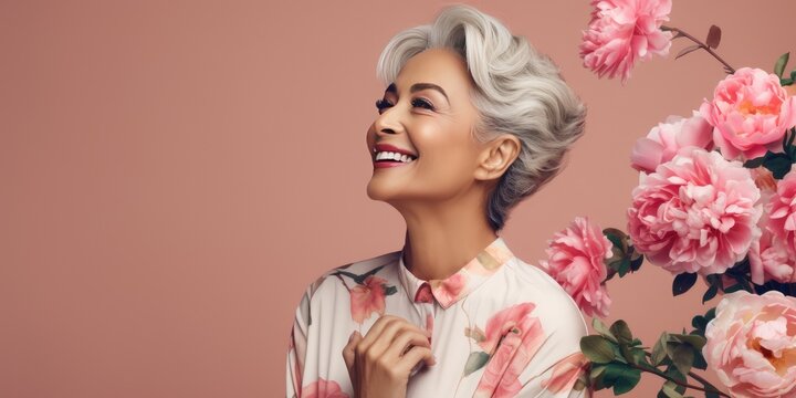 beauty lifestyle photo of an older latina in her 50s to 60s smiling in a floral suit against a studio backdrop with copy space for beauty brands