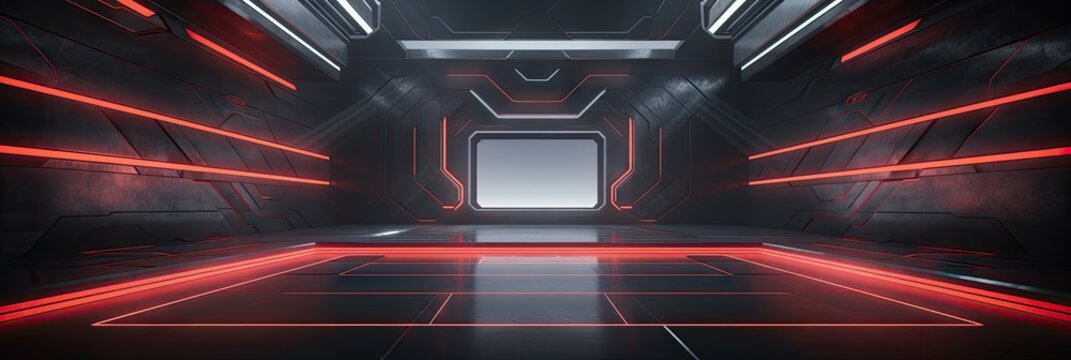 interior of an empty esports gaming den with computer, chair, desk, neon lights, monitors, and speakers for the ultimate gaming experience