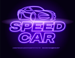 Vector neon banner Speed Car with Automobile. Bright Glowing Alphabet Letters, Numbers and Symbols set. Violet Electric Font