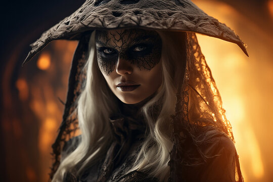 beautiful girl in halloween costume, low light, portrait, AI Generation