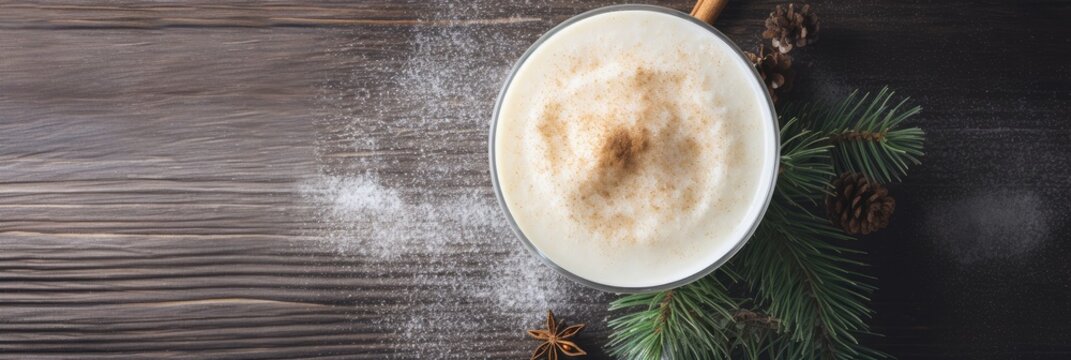 overhead photo of holiday eggnog on a wooden tabletop with copy space