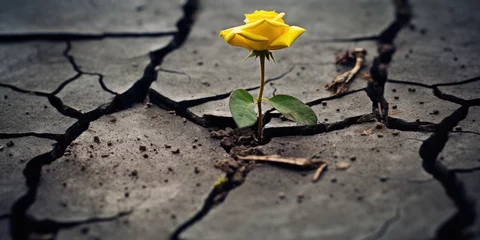 Fototapeten beautiful and frail yellow rose growing from a crack in the concrete sidewalk © Brian