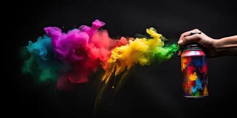 Spray can spraying rainbow spray paint against black background - obrazy, fototapety, plakaty