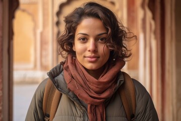 Headshot portrait photography of a glad girl in her 40s wearing a durable down jacket at the amber fort in jaipur india. With generative AI technology - obrazy, fototapety, plakaty