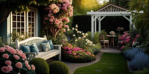 Backyard patio outdoors with flowers, grass, hedges, and a sitting area among the landscaping - obrazy, fototapety, plakaty
