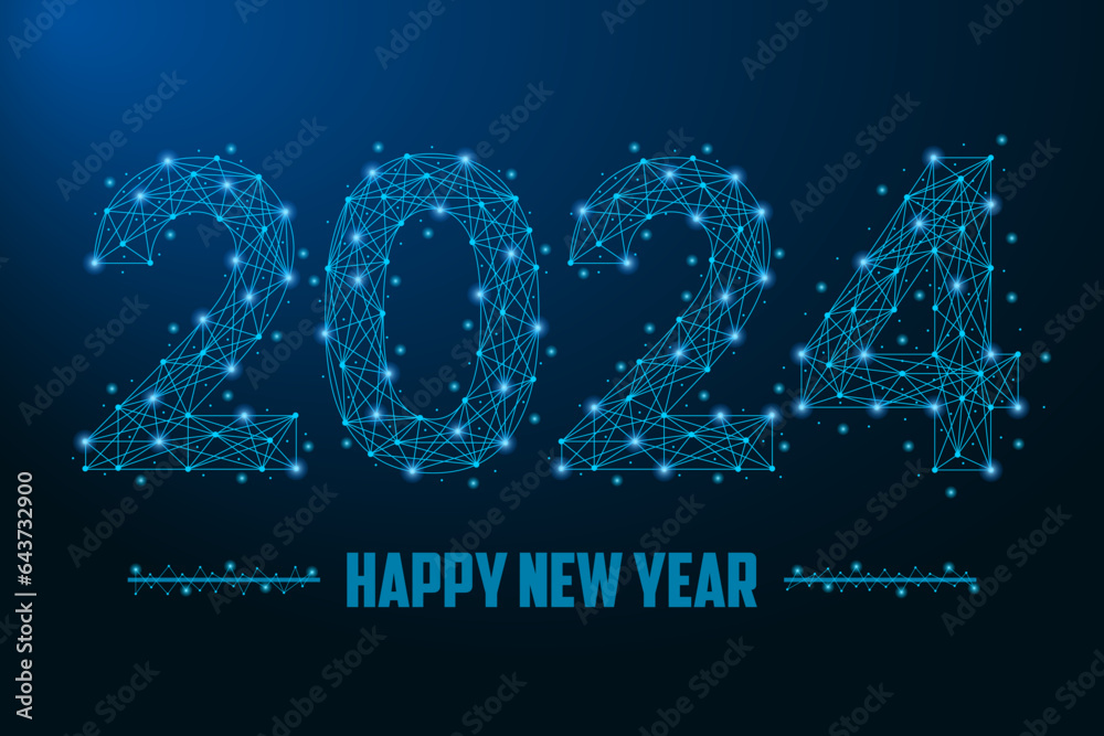 Poster 2024 new year illustration made by points and lines, polygonal wireframe mesh on night sky, dark blu