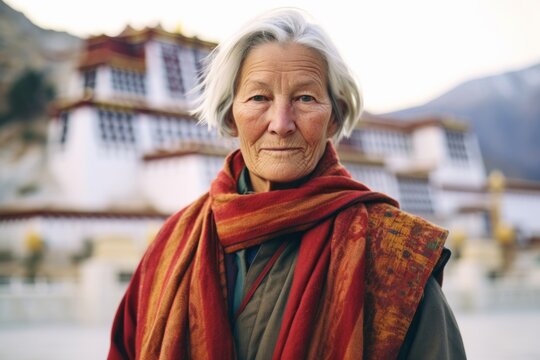Medium shot portrait photography of a content mature woman wearing a comfy flannel shirt at the potala palace in lhasa tibet. With generative AI technology