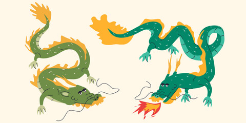 Vector illustration of Chinese green dragon set.New year symbol 2024. T-shirt print, logo, poster, card, design template, tattoo idea.