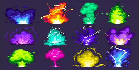 A hand-drawn set of explosions of different shapes, colors, effects and intensity in a cartoon style.