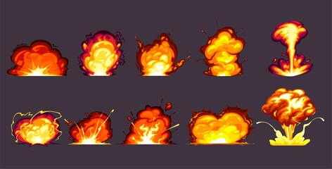 Hand-drawn set of fire explosions of various shapes and intensities in a cartoon style.