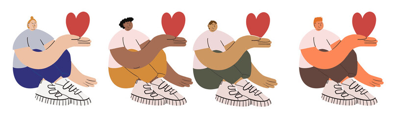 Collection d’illustration de jeune homme ayant le cœur sur la main tél l’expression. Plusieurs profils diversifié assis avec un gros cœur rouge tenu dans une main