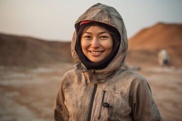 Medium shot portrait photography of a merry girl in her 20s wearing a lightweight base layer at the darvaza gas crater in derweze turkmenistan. With generative AI technology