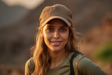 Photography in the style of pensive portraiture of a happy girl in her 30s wearing a casual baseball cap at the socotra island in yemen. With generative AI technology