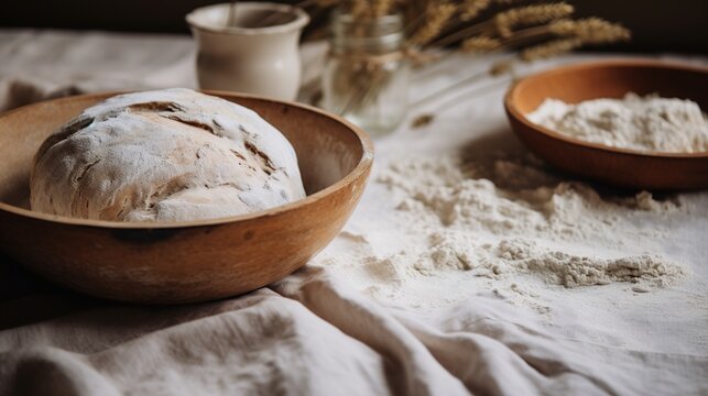 Generative AI, baker prepares bread or bakery at the home kitchen, ecologically natural pastries.	
