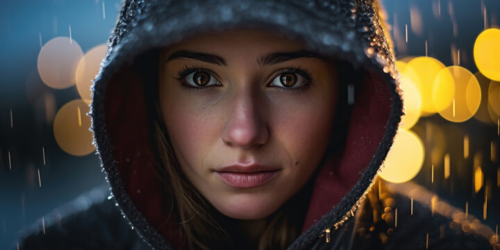 Portrait of a young woman in a hood. The girl looks at the camera.