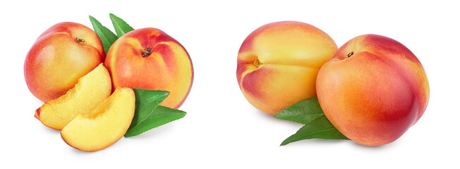 Nectarine fruit and half with leaf isolated on white background cutout