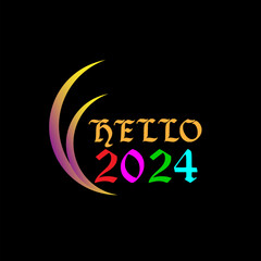 Hello 2024 T-shirt Design Illustration in golden and white typography for Happy New Year 2024 Celebration on Black isolated Background with Retro, Vintage style with floral