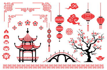 Happy Chinese new year. Traditional elements ornaments, Chinese lights, clouds, sakura, Chinese lanterns. Traditional east building, bridge. Design elements of calendar, invitation, booklet. Isolated - 643736383