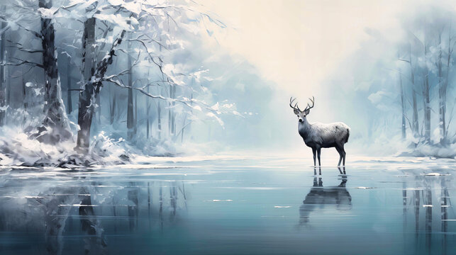 Wander in abstract realms where animals are etched in winter mists
