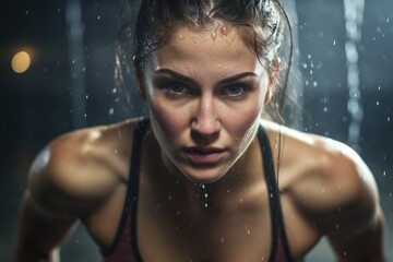 A woman in a wet sports bra top in the rain