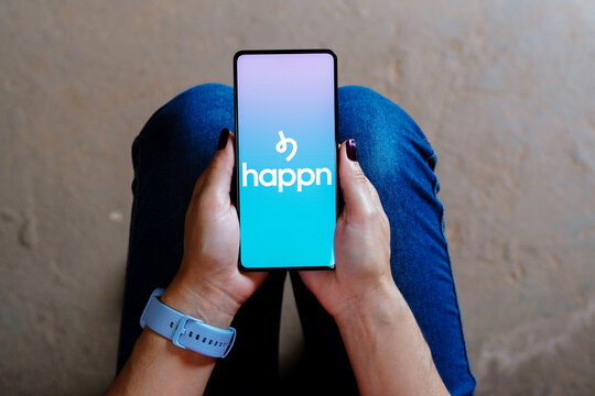 September 4, 2023, Brazil. In this photo illustration, the Happn logo is displayed on a smartphone screen.