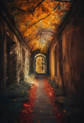 Fototapeta na wymiar Autumn tunnel. Cozy autumn. Love tunnel in autumn.