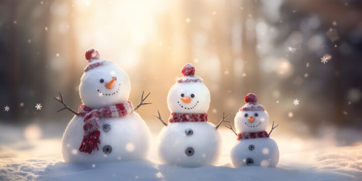 Snowman family in winter forest. Christmas and New Year background.