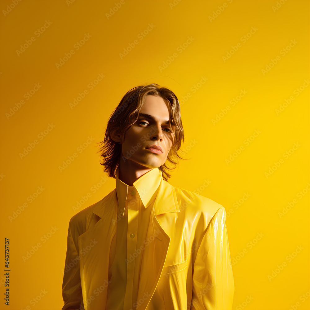 Wall mural portrait of an androgynous blonde person on a yellow background